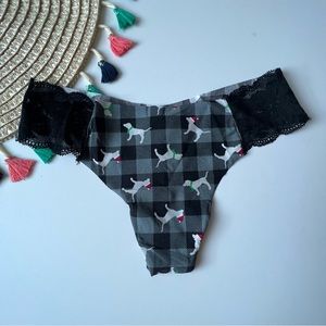 Victoria's Secret PINK No Show Thong Panty Dark Steel Check Dog Holiday L NEW